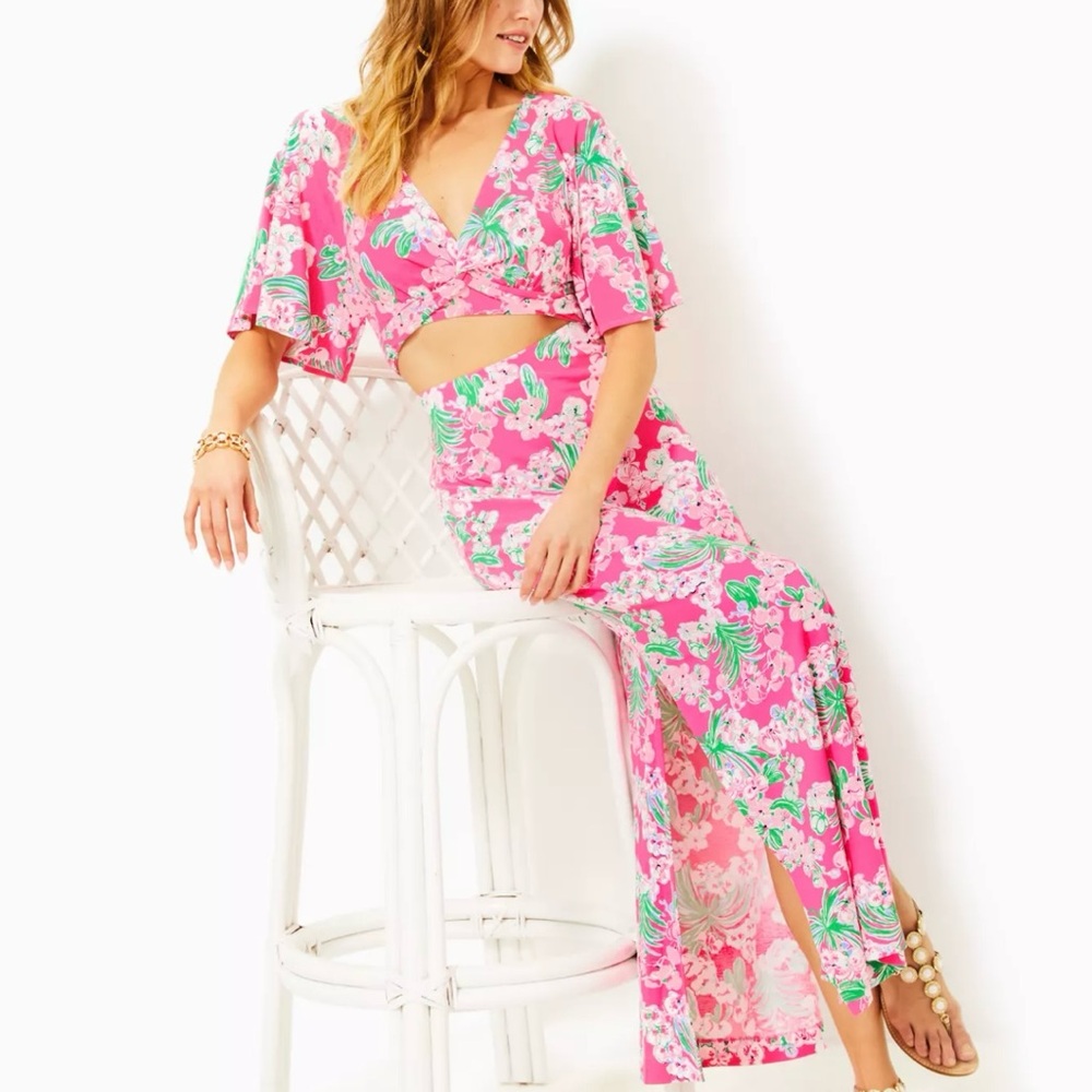 Lilly Pulitzer Pink and Green Flutter Sleeve Maxi Dress